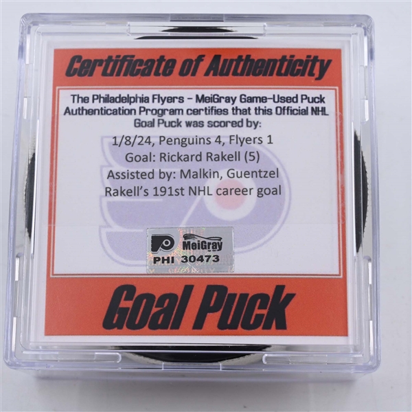 Rickard Rakell - Pittsburgh Penguins - Goal Puck - January 8, 2024 vs. Philadelphia Flyers (Flyers Logo)