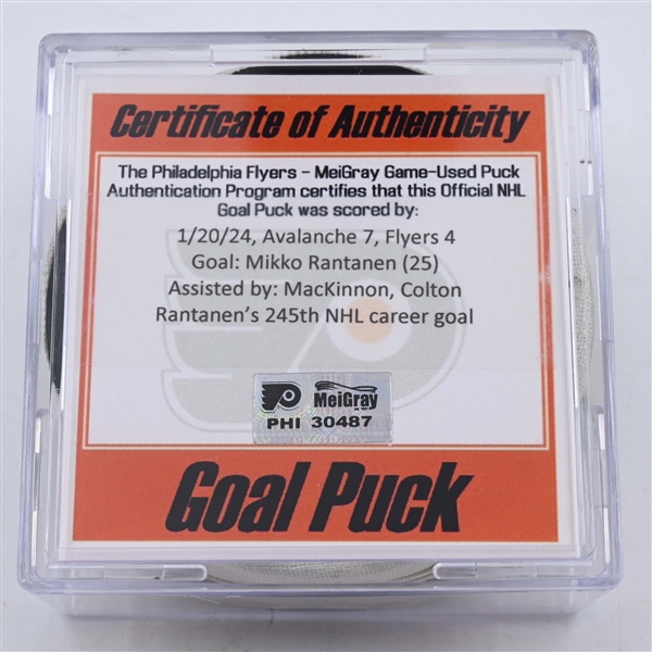 Mikko Rantanen - Colorado Avalanche - Goal Puck - January 20, 2024 vs. Philadelphia Flyers (Flyers Logo)