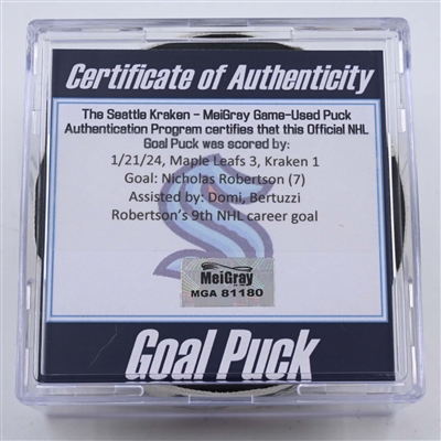 Nicholas Robertson - Toronto Maple Leafs - Goal Puck - January 21, 2024 vs. Seattle Kraken (Kraken Logo)