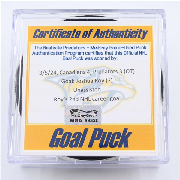 Joshua Roy - Montreal Canadiens - Goal Puck - March 5, 2024 vs. Nashville Predators (Predators 25th Anniversary Logo)