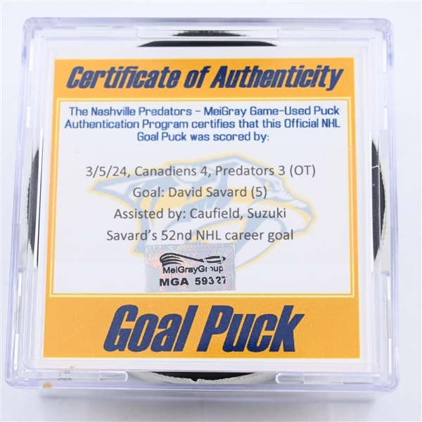 David Savard - Montreal Canadiens - Goal Puck - March 5, 2024 vs. Nashville Predators (Predators 25th Anniversary Logo)