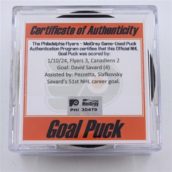 David Savard - Montreal Canadiens - Goal Puck - January 10, 2024 vs. Philadelphia Flyers (Flyers Logo)