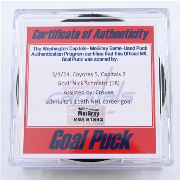 Nick Schmaltz - Arizona Coyotes - Goal Puck - March 3, 2024 vs. Washington Capitals (Capitals Logo)