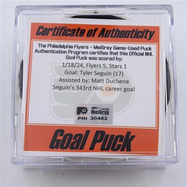 Tyler Seguin - Dallas Stars - Goal Puck - January 18, 2024 vs. Philadelphia Flyers (Flyers Logo)