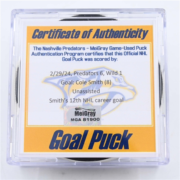 Cole Smith - Nashville Predators - Goal Puck - February 29, 2024 vs. Minnesota Wild (Predators 25th Anniversary Logo)