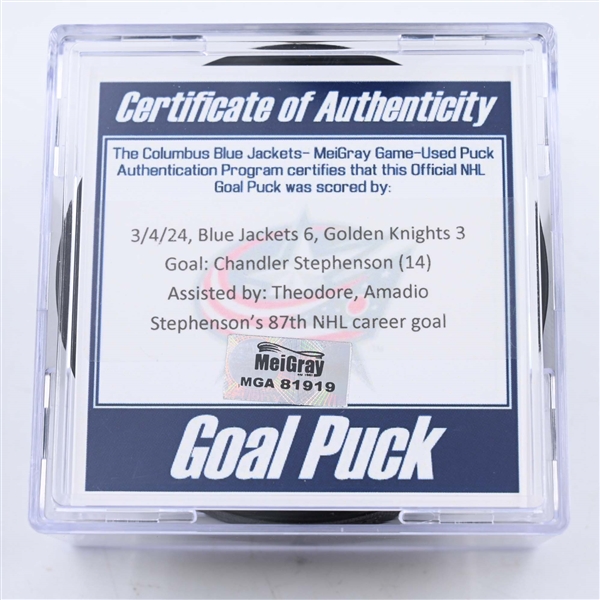 Chandler Stephenson - Vegas Golden Knights - Goal Puck - March 4, 2024 vs. Columbus Blue Jackets (Blue Jackets Logo)