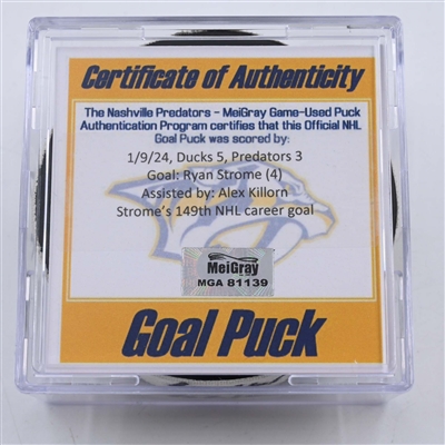Ryan Strome - Anaheim Ducks - Goal Puck - January 9, 2024 vs. Nashville Predators (Predators 25th Anniversary Logo)
