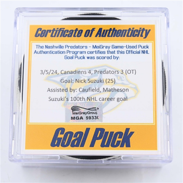 Nick Suzuki - Montreal Canadiens - Goal Puck - March 5, 2024 vs. Nashville Predators (Predators 25th Anniversary Logo)