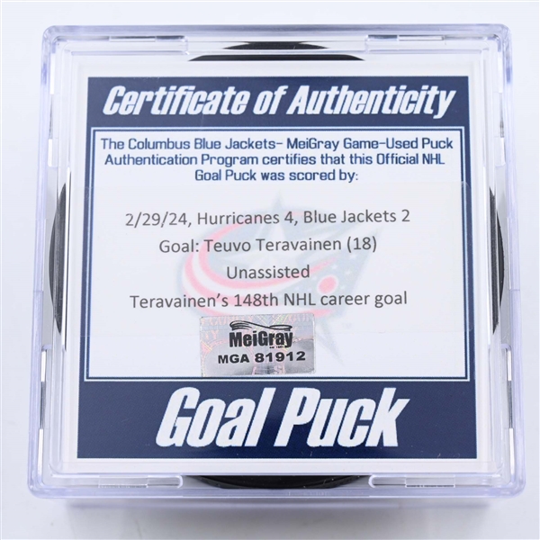 Teuvo Teravainen - Carolina Hurricanes - Goal Puck - February 29, 2024 vs. Columbus Blue Jackets (Blue Jackets Logo)