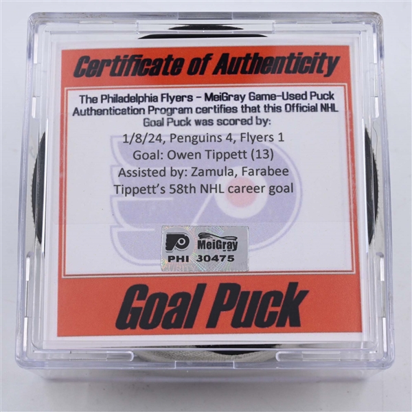 Owen Tippett - Philadelphia Flyers - Goal Puck - January 8, 2024 vs. Pittsburgh Penguins (Flyers Logo)