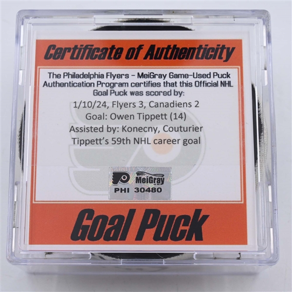 Owen Tippett - Philadelphia Flyers - Goal Puck - January 10, 2024 vs. Montreal Canadiens (Flyers Logo)