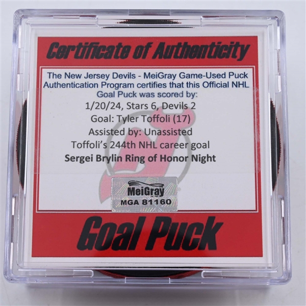 Tyler Toffoli - New Jersey Devils - Goal Puck - January 20, 2024 vs. Dallas Stars (Devils Logo)