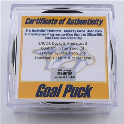 Philip Tomasino - Nashville Predators - Goal Puck - January 9, 2024 vs. Anaheim Ducks (Predators 25th Anniversary Logo)