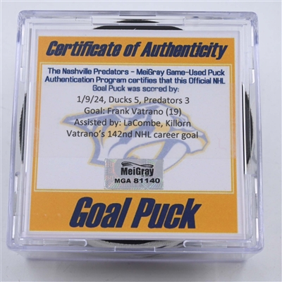 Frank Vatrano - Anaheim Ducks - Goal Puck - January 9, 2024 vs. Nashville Predators (Predators 25th Anniversary Logo)