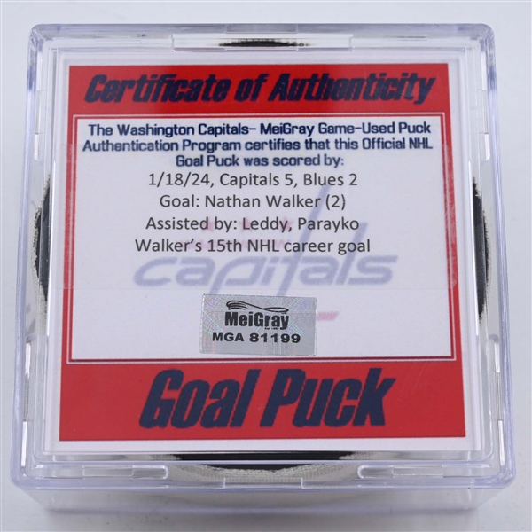 Nathan Walker - St. Louis Blues - Goal Puck - January 18, 2024 vs. Washington Capitals (Capitals Logo)