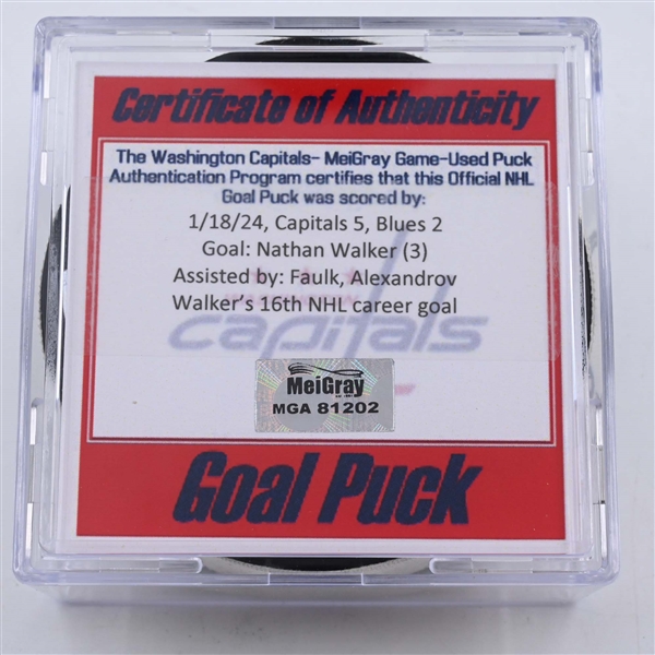 Nathan Walker - St. Louis Blues - Goal Puck - January 18, 2024 vs. Washington Capitals (Capitals Logo)