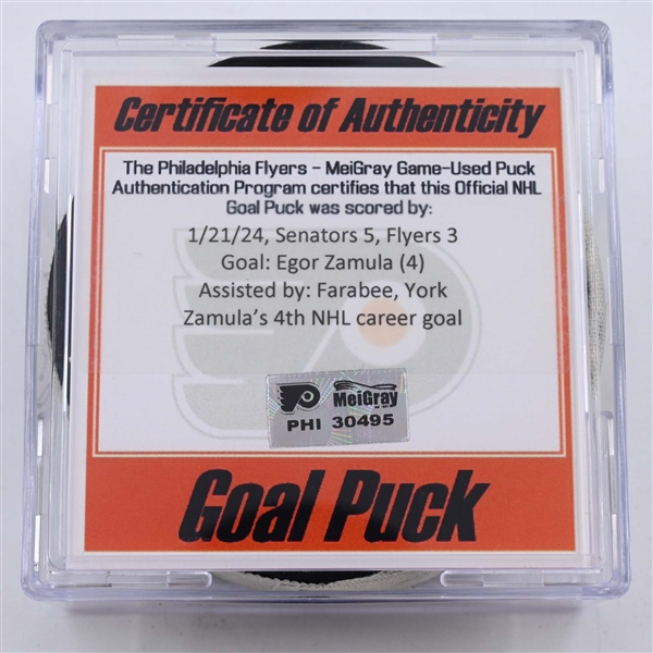 Egor Zamula - Philadelphia Flyers - Goal Puck - January 21, 2024 vs. Ottawa Senators (Flyers Logo)