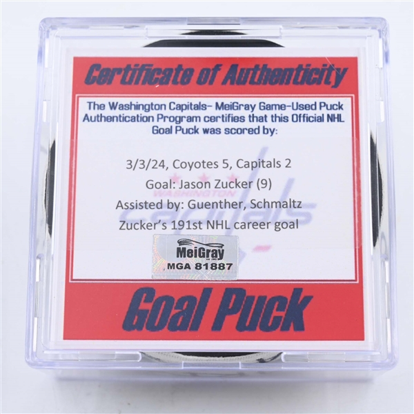 Jason Zucker - Arizona Coyotes - Goal Puck - March 3, 2024 vs. Washington Capitals (Capitals Logo)