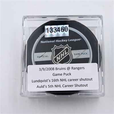 Henrik Lundqvists 16th NHL Career Shutout & Alex Aulds 5th NHL Career Shutout - New York Rangers / Boston Bruins - Game Puck - March 9, 2008 - 1st Period