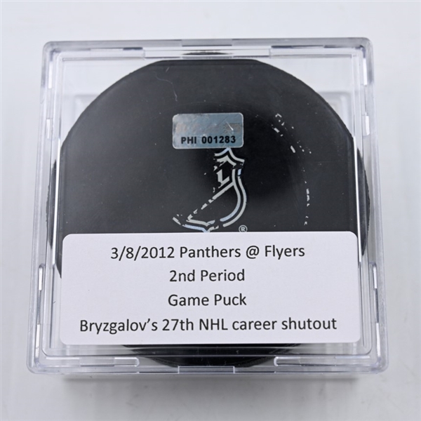 Ilya Bryzgalov - 27th Career Shutout - Philadelphia Flyers - Game Puck - March 8, 2012 vs The Florida Panthers 2nd Period 