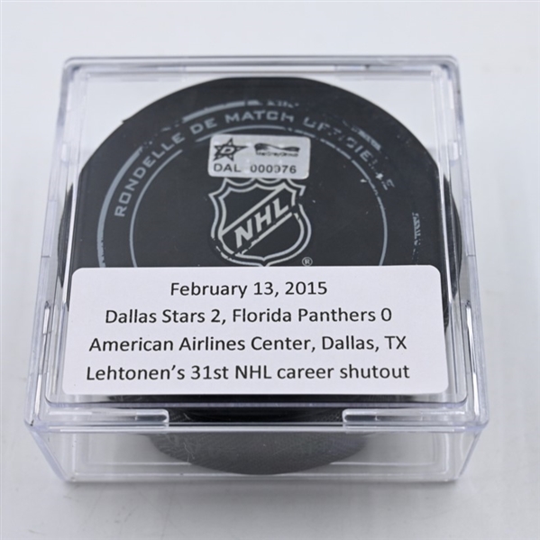 Kari Lehtonen - 31st Career Shutout - Dallas Stars - Game Puck - February 13, 2015 vs the Florida Panthers (Stars Logo) 2nd Period