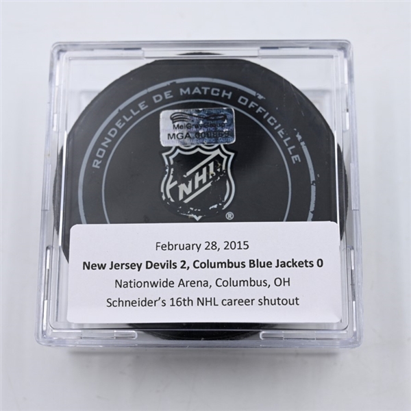 Cory Schneider - 16th Career Shutout - Columbus Blue Jackets - Game Puck - February 28, 2015 vs. New Jersey Devils (Blue Jackets Logo) 