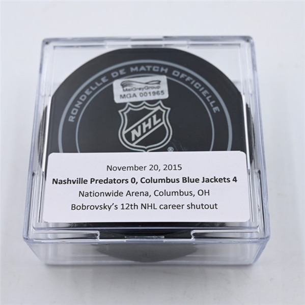 Sergei Bobrovsky - 12th Career Shutout - Columbus Blue Jackets - Game Puck - November 20, 2015 vs. Nashville Predators (Blue Jackets Logo)