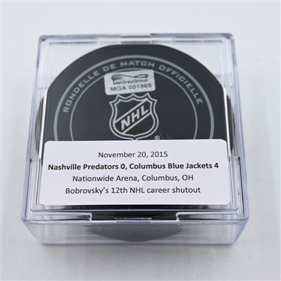 Sergei Bobrovsky - 12th Career Shutout - Columbus Blue Jackets - Game Puck - November 20, 2015 vs. Nashville Predators (Blue Jackets Logo)