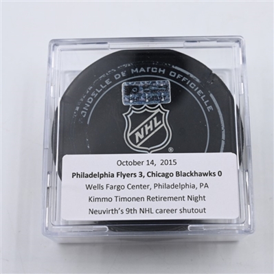 Michal Neuvirth - 9th Career Shutout- Philadelphia Flyers - Game Puck - October 14, 2015 vs Chicago Blackhawks (Flyers Logo) 1st Period - Kimmo Timonen Retirement Night