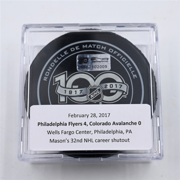 Steve Mason - 32nd Career Shutout - Philadelphia Flyers - Game Puck - February 28, 2017 vs. Colorado Avalanche (Flyers Logo) 2nd Period