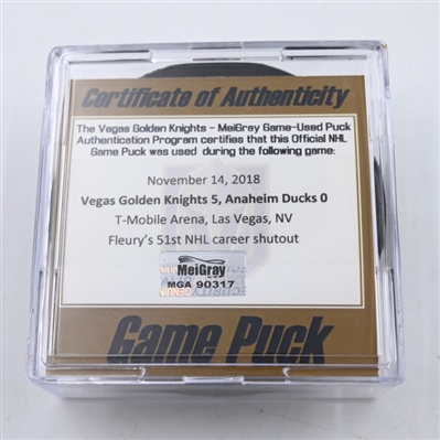 Marc-Andre Fleury - 51st NHL Career Shutout - Vegas Golden Knights - Game Puck - November 14, 2018 vs. Anaheim Ducks (Golden Knights Logo)