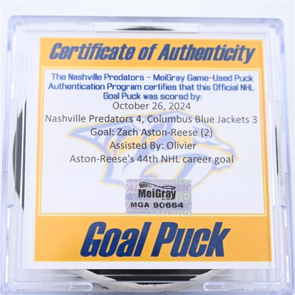 Zach Aston-Reese - Columbus Blue Jackets - Goal Puck - October 26, 2024 vs. Nashville Predators (Predators Logo)