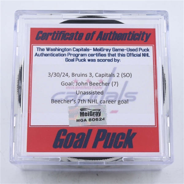 John Beecher - Boston Bruins - Goal Puck - March 30, 2024 vs. Washington Capitals (Capitals Logo)