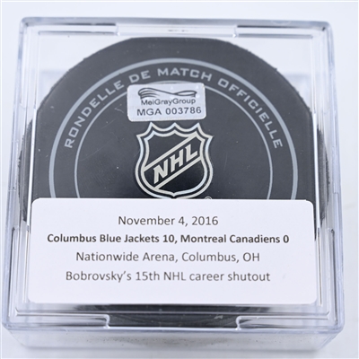 Sergei Bobrovsky - 15th NHL Career Shutout - Columbus Blue Jackets  - Game Puck  - November 4, 2016 vs. Montreal Canadiens (Blue Jackets Logo)