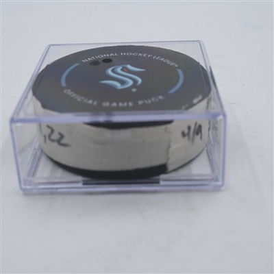 Will Borgen - Seattle Kraken - Goal Puck - April 9, 2024 vs. Arizona Coyotes (Kraken Logo)