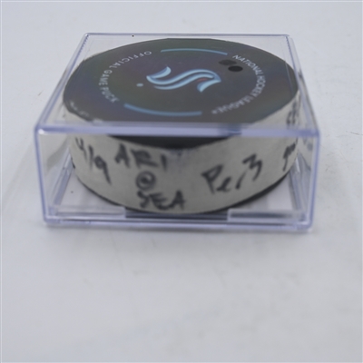 Will Borgen - Seattle Kraken - Goal Puck - April 9, 2024 vs. Arizona Coyotes (Kraken Logo)