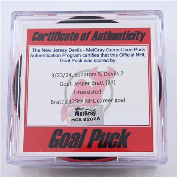 Jesper Bratt - New Jersey Devils - Goal Puck - March 23, 2024 vs. Ottawa Senators (Devils Logo)