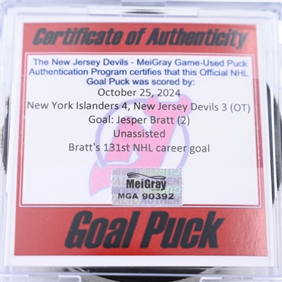 Jesper Bratt - New Jersey Devils - Goal Puck - October 25, 2024 vs. New York Islanders (Devils Logo)