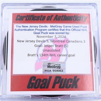 Jesper Bratt - New Jersey Devils - Goal Puck - November 7, 2024 vs. Montreal Canadiens (Devils Logo)