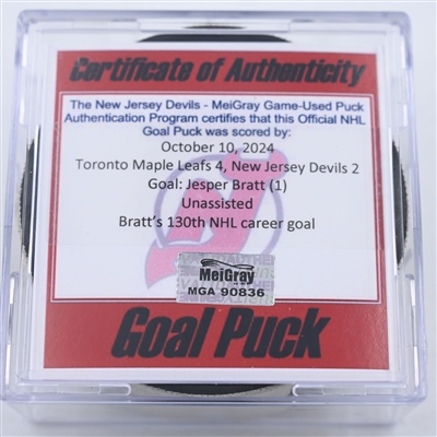 Jesper Bratt - New Jersey Devils - Goal Puck - October 10, 2024 vs. Toronto Maple Leafs (Devils Logo)