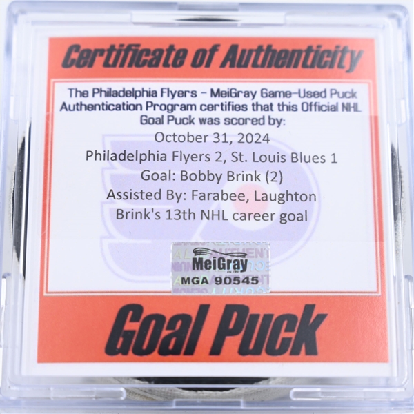 Bobby Brink - Philadelphia Flyers - Goal Puck - October 31, 2024 vs. St. Louis Blues (Flyers Logo)