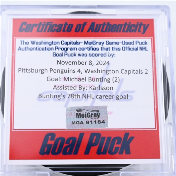 Michael Bunting - Pittsburgh Penguins - Goal Puck - November 8, 2024 vs. Washington Capitals (Capitals 50th Anniversary Logo)