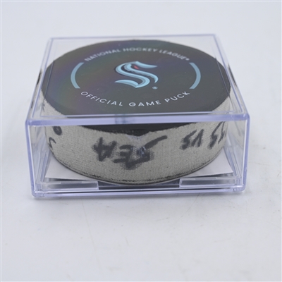 Kyle Burroughs - San Jose Sharks - Goal Puck - April 11, 2024 vs. Seattle Kraken (Kraken Logo)