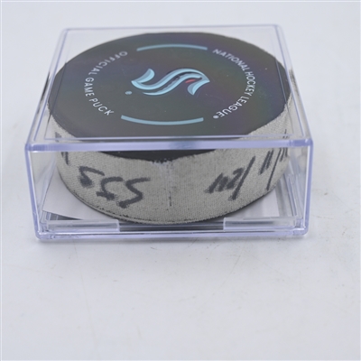 Kyle Burroughs - San Jose Sharks - Goal Puck - April 11, 2024 vs. Seattle Kraken (Kraken Logo)