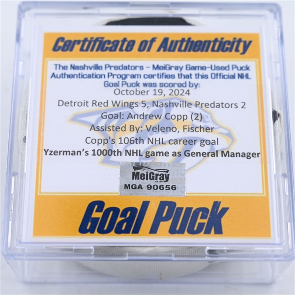 Andrew Copp - Detroit Red Wings - Goal Puck - October 19, 2024 vs. Nashville Predators (Predators Logo)