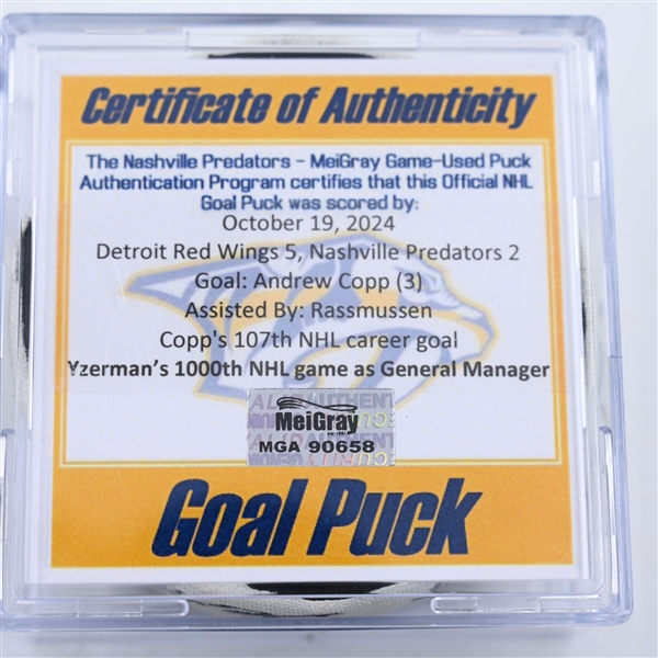 Andrew Copp - Detroit Red Wings - Goal Puck - October 19, 2024 vs. Nashville Predators (Predators Logo)