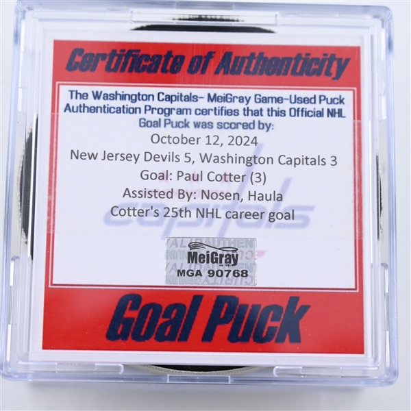 Paul Cotter - New Jersey Devils - Goal Puck - October 12, 2024 vs. Washington Capitals (Capitals 50th Anniversary Logo)