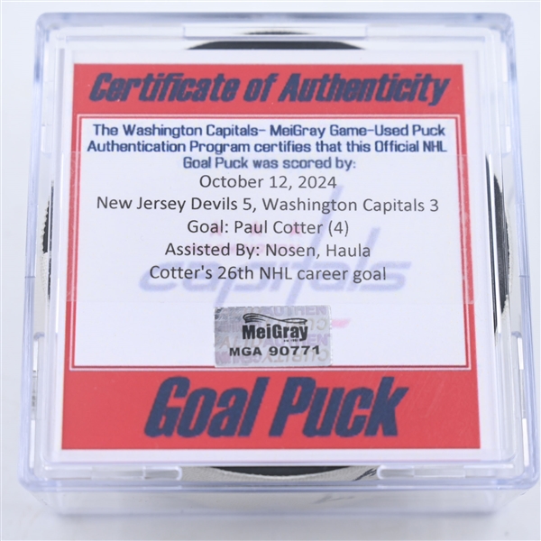 Paul Cotter - New Jersey Devils - Goal Puck - October 12, 2024 vs. Washington Capitals (Capitals 50th Anniversary Logo)