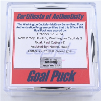 Paul Cotter - New Jersey Devils - Goal Puck - October 12, 2024 vs. Washington Capitals (Capitals' 50th Anniversary Logo)
