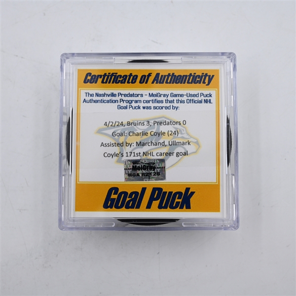 Charlie Coyle - Boston Bruins - Goal Puck - April 2, 2024 vs. Nashville Predators (Predators 25th Anniversary Logo)